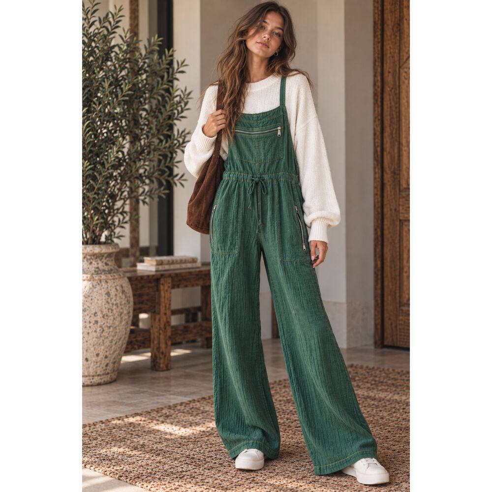 Urban Outfitters Flawed Green Tina Textured Cotton Wide Leg Jumpsuit Size Small